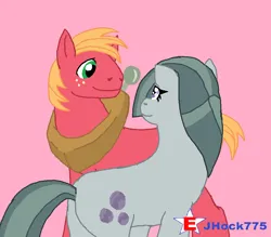 Size: 968x848 | Tagged: safe, artist:jhock775, derpibooru import, big macintosh, marble pie, earth pony, pony, duo, female, image, looking at each other, looking at someone, male, marblemac, mare, pink background, png, shipping, simple background, smiling, smiling at each other, stallion, straight