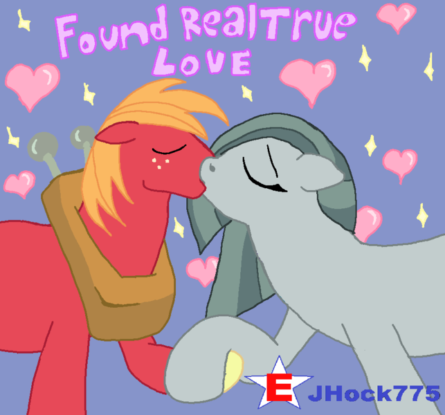 Size: 924x862 | Tagged: safe, artist:jhock775, derpibooru import, big macintosh, marble pie, earth pony, pony, cute, daaaaaaaaaaaw, duo, eyes closed, female, freckles, heart, holding hooves, image, kiss on the lips, kissing, male, marblemac, mare, png, shipping, song in the description, stallion, straight, wholesome