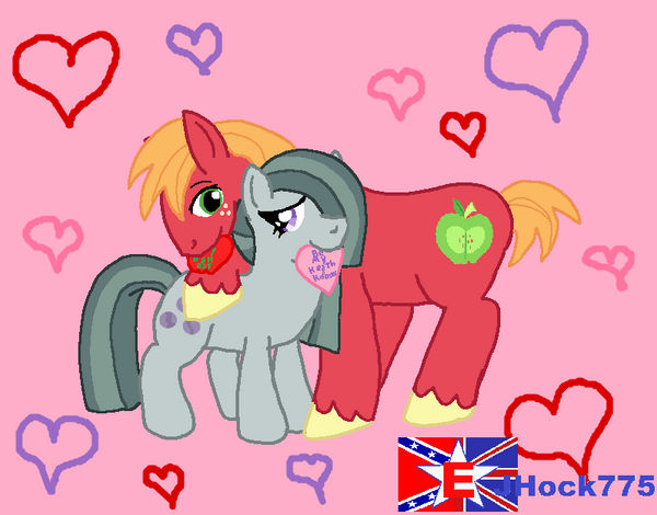Size: 600x470 | Tagged: safe, artist:jhock775, derpibooru import, big macintosh, marble pie, earth pony, pony, card, cute, daaaaaaaaaaaw, duo, female, freckles, heart, hearts and hooves, hearts and hooves day, image, jpeg, looking at each other, looking at someone, male, marblemac, mare, pink background, shipping, simple background, smiling, smiling at each other, stallion, straight, wholesome