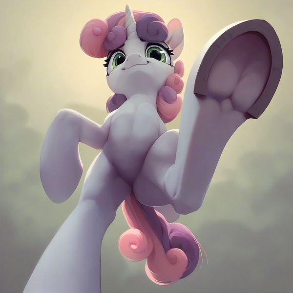 Size: 1024x1024 | Tagged: safe, ai content, derpibooru import, machine learning generated, sweetie belle, anatomically correct, bipedal, detailed, hooves, image, imminent crushing, looking at you, low angle, nudity, png, raised hoof, smiling, smirk, underhoof, vulva