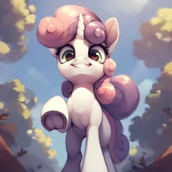 Size: 1024x1024 | Tagged: safe, ai content, derpibooru import, machine learning generated, sweetie belle, anatomically correct, bipedal, hooves, image, looking at you, low angle, nudity, png, raised hoof, underhoof, vulva