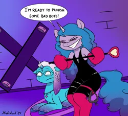 Size: 1657x1507 | Tagged: semi-grimdark, suggestive, artist:strebiskunk, derpibooru import, izzy moonbow, pony, unicorn, g5, auroricorn, bdsm, clothes, comet (g5), domination, gloves, hazbin hotel, horn, image, jpeg, long gloves, niffty, niffty (hazbin hotel), voice actor joke