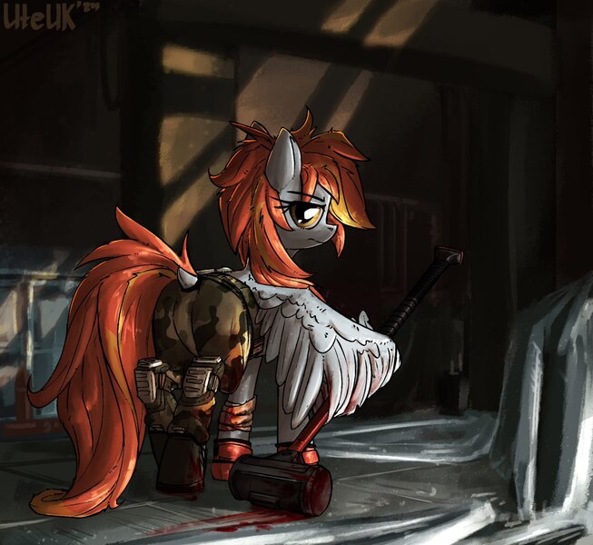 Size: 1280x1177 | Tagged: safe, artist:uteuk, derpibooru import, oc, unofficial characters only, pegasus, pony, blood, clothes, escape from tarkov, female, hammer, image, jpeg, mare, pants, wing hands, wings