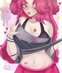 Size: 1084x1280 | Tagged: safe, artist:roltic, derpibooru import, pinkie pie, human, belly button, blushing, bra, bra strap, clothes, female, heart, humanized, image, jewelry, jpeg, lipstick, makeup, midriff, nail polish, necklace, one eye closed, peace sign, shirt, simple background, solo, tattoo, underwear, white background, wink, wristband