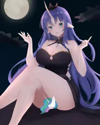Size: 1023x1280 | Tagged: safe, artist:roltic, derpibooru import, princess celestia, princess luna, human, breasts, busty princess luna, censored, chibi, choker, clothes, cloud, crown, dress, duo, duo female, female, full moon, horn, horned humanization, humanized, image, jewelry, jpeg, makeup, moon, nail polish, night, open mouth, regalia, royal sisters, screaming, siblings, sisters, sitting, sitting on person