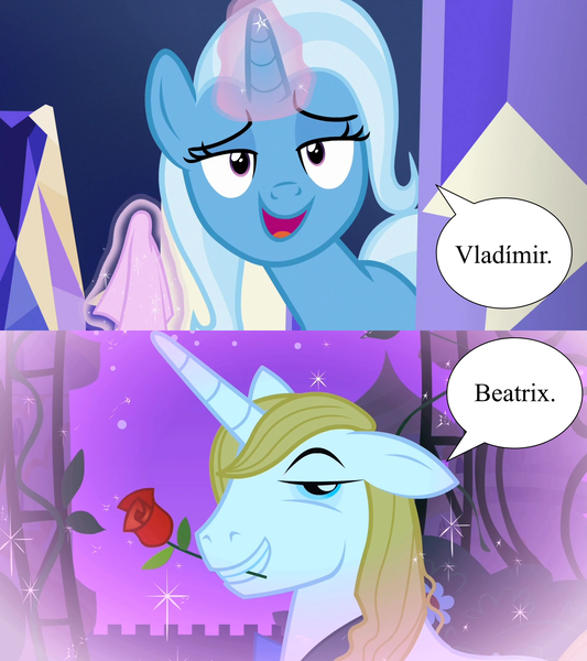 Size: 1280x1440 | Tagged: safe, derpibooru import, edit, edited screencap, screencap, prince blueblood, trixie, all bottled up, the best night ever, beatrix lulamoon, bellatrix lulamoon, female, flower, g4, image, male, name, napkin, png, prince vladimir, rose, ship:bluetrix, shipping, smiling, speech bubble, straight