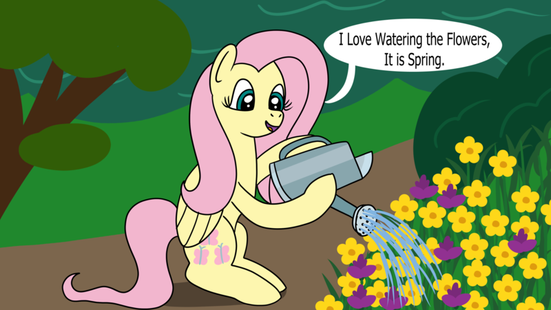 Size: 1920x1080 | Tagged: safe, artist:platinumdrop, derpibooru import, fluttershy, pegasus, commission, flower, g4, hoof hold, image, png, smiling, speech, speech bubble, talking, water, watering can