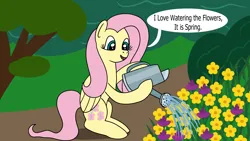 Size: 1920x1080 | Tagged: safe, artist:platinumdrop, derpibooru import, fluttershy, pegasus, commission, flower, g4, hoof hold, image, png, smiling, speech, speech bubble, talking, water, watering can