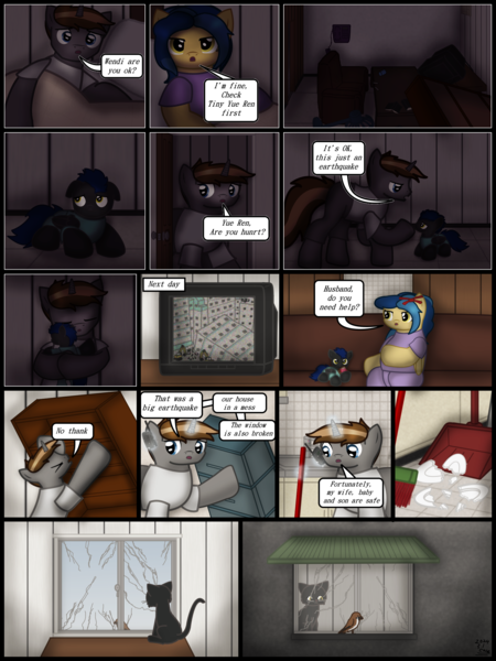 Size: 1750x2333 | Tagged: safe, artist:99999999000, derpibooru import, oc, oc:mar ker, oc:shadow spirits, oc:su wendi, unofficial characters only, bird, cat, pegasus, pony, unicorn, comic:grow with children, bed, broom, colt, comic, father, father and child, father and son, female, foal, horn, image, male, mother and child, mother and son, phone, png, pregnant, son, television