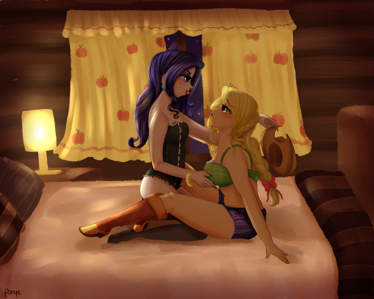 Size: 2500x2000 | Tagged: suggestive, artist:cosmicponye, derpibooru import, applejack, rarity, human, alternate hairstyle, applejack's hat, bed, bedroom, bedroom eyes, belt, blanket, blushing, boots, bra, bracelet, breast fondling, breast grab, breasts, cherry, clothes, corset, cowboy boots, cowboy hat, curtains, denim, denim shorts, duo, duo female, ear piercing, earring, eyeshadow, female, females only, femdom, femsub, food, freckles, g4, grope, hat, humanized, image, jewelry, kneeling, lamp, lesbian, makeup, nail polish, night, piercing, pillow, png, rarijack, shipping, shoes, shorts, sitting, socks, stars, stockings, submissive, thigh highs, underwear, wall of tags