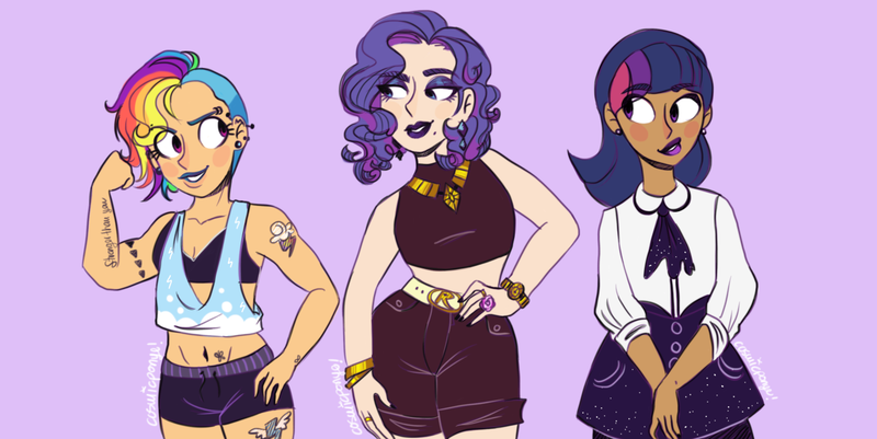 Size: 1366x685 | Tagged: safe, artist:cosmicponye, derpibooru import, rainbow dash, rarity, twilight sparkle, human, alternate hairstyle, belly button, bracelet, clothes, ear piercing, earring, eyebrow piercing, eyeshadow, female, grin, humanized, image, jewelry, lipstick, looking at each other, looking at someone, makeup, midriff, nail polish, piercing, png, purple background, ring, shirt, shorts, simple background, size difference, skirt, smiling, sports bra, sports shorts, tanktop, tattoo, trio, trio female