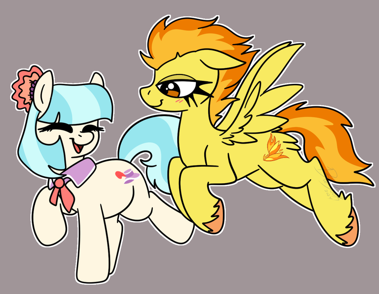 Size: 1348x1048 | Tagged: safe, artist:bluemoon, derpibooru import, coco pommel, spitfire, earth pony, pegasus, pony, blushing, clothes, cocofire, duo, duo female, eyes closed, female, flying, image, laughing, lesbian, png, shipping, spread wings, trotting, unshorn fetlocks, wings