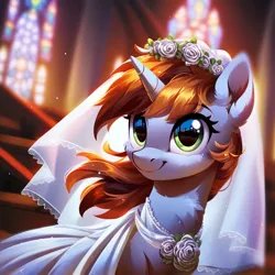 Size: 1024x1024 | Tagged: safe, ai content, derpibooru import, machine learning generated, stable diffusion, oc, oc:littlepip, unofficial characters only, pony, unicorn, fallout equestria, beautiful, church, clothes, cute, dress, flower, generator:pony diffusion v6 xl, horn, image, jpeg, looking at you, smiling, solo, wedding dress, wedding veil