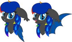 Size: 2113x1244 | Tagged: safe, artist:pure-blue-heart, derpibooru import, oc, unofficial characters only, bat pony, bat wings, bust, fangs, floppy ears, folded wings, genderfluid, image, open mouth, png, pngtuber, raffle prize, simple background, slit pupils, spread wings, transparent background, watermark, wings