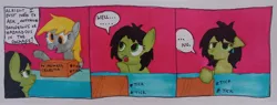 Size: 3896x1475 | Tagged: safe, artist:dhm, derpibooru import, derpy hooves, oc, oc:anonfilly, pony, bomb, comic, female, filly, image, jpeg, marker drawing, nervous, package, pen drawing, post office, speech bubble, terrorism, text, traditional art, weapon