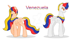 Size: 1280x683 | Tagged: safe, artist:elizaro622044, derpibooru import, oc, ponified, unofficial characters only, alicorn, pegasus, pony, duo, female, image, male, nation ponies, png, venezuela