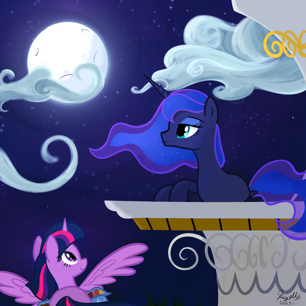 Size: 2048x2048 | Tagged: safe, artist:rayelli, derpibooru import, princess luna, twilight sparkle, twilight sparkle (alicorn), alicorn, pony, canterlot, cloud, cute, duo, female, flying, g4, image, lesbian, moon, night, png, ship:twiluna, shipping, show accurate, sitting