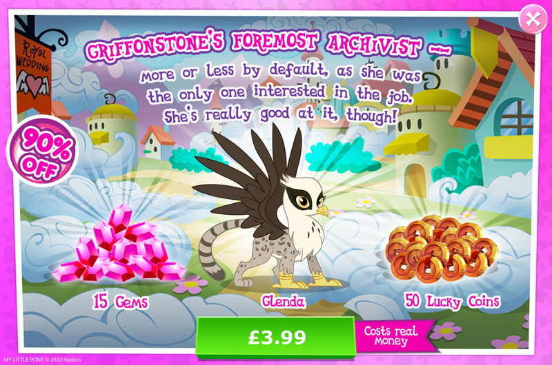 Size: 1956x1297 | Tagged: safe, derpibooru import, idw, official, glenda, gryphon, advertisement, claws, costs real money, english, female, g4, gameloft, gem, idw showified, image, introduction card, jpeg, lucky coins, mobile game, my little pony: magic princess, numbers, sale, solo, solo focus, spread wings, text, wings