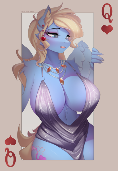 Size: 4444x6423 | Tagged: suggestive, artist:rexiwiksi, derpibooru import, oc, oc:lusty symphony, anthro, pegasus, absolute cleavage, belly button, big breasts, breasts, card, cleavage, clothes, dress, ear piercing, earring, female, huge breasts, image, jewelry, necklace, piercing, png, solo, solo female