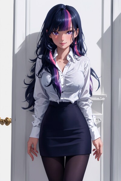 Size: 1024x1536 | Tagged: suggestive, ai content, derpibooru import, editor:sammykun, machine learning generated, twilight sparkle, human, equestria girls, big breasts, blurry background, breasts, busty twilight sparkle, button-up shirt, clothes, curvy, female, g4, generator:yodayo, hourglass figure, humanized, image, indoors, jpeg, long hair, long sleeved shirt, long sleeves, looking at you, pantyhose, pencil skirt, prompter:sammykun, shirt, skirt, solo, stupid sexy twilight, sultry pose, unbuttoned, underwear, white shirt