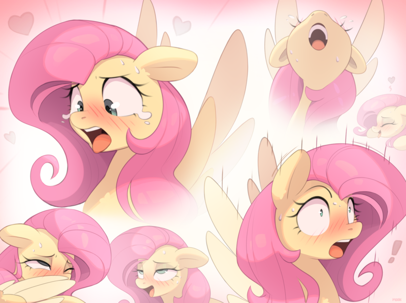 Size: 8453x6314 | Tagged: suggestive, artist:nookprint, derpibooru import, fluttershy, pegasus, ahegao, blushing, colored wings, exclamation point, expressions, eyeroll, eyes closed, floppy ears, heart, image, open mouth, open smile, png, smiling, surprised, sweat, teary eyes, tongue out, two toned wings, wide eyes, wings