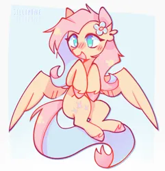Size: 1396x1450 | Tagged: safe, artist:sillyp0ne, derpibooru import, fluttershy, pegasus, pony, alternate mane color, blue eyes, blushing, colored hooves, colored pinnae, cute, ear fluff, eyelashes, female, flower, flying, g4, hooves in air, hooves to the chest, image, jpeg, long mane, long tail, mare, open mouth, open smile, passepartout, pink mane, pink tail, shyabetes, signature, simple background, smiling, solo, spread wings, tail, two toned mane, two toned tail, unshorn fetlocks, white background, wings, yellow coat