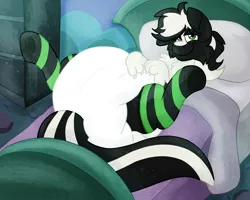 Size: 2500x2000 | Tagged: suggestive, artist:euspuche, derpibooru import, oc, oc:zenawa skunkpony, unofficial characters only, earth pony, hybrid, pony, skunk, skunk pony, bed, bedroom, bedroom eyes, claws, clothes, diaper, diaper butt, diaper fetish, diapered, earth pony oc, fetish, hybrid oc, image, laying on bed, lidded eyes, looking at you, lying down, male, non-baby in diaper, on back, on bed, paws, png, poofy diaper, seductive look, seductive pose, smiling, smiling at you, socks, solo, solo male, spread legs, spreading, stallion, striped socks, tail, thigh highs, touching diaper