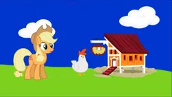 Size: 1077x608 | Tagged: safe, screencap, applejack, bird, chicken, earth pony, pony, series:chicken chasing, series:mlp animation's short films, chicken coop, confused, image, jpeg