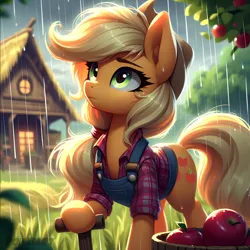 Size: 2048x2048 | Tagged: safe, ai content, derpibooru import, machine learning assisted, machine learning generated, applejack, earth pony, pony, apple, clothes, farm, female, food, image, mare, melancholy, messy mane, moody, my little pony, nature, png, rain, solo, sweet apple acres, unbrushed hair, working, working outfit