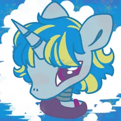 Size: 1000x1000 | Tagged: safe, artist:linkedwolf, derpibooru import, oc, oc:nei zin, unofficial characters only, pony, robot, unicorn, bust, clothes, cute, eye clipping through hair, female, gynoid, horn, image, mare, no mouth, png, portrait, purple eyes, secret santa, solo, two toned hair
