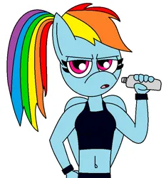Size: 668x718 | Tagged: safe, artist:alonso1711, derpibooru import, rainbow dash, anthro, alternate hairstyle, arm band, bikini, breasts, busty rainbow dash, clothes, exercise, female, image, open mouth, png, ponytail, solo, solo female, swimsuit, water bottle, working out