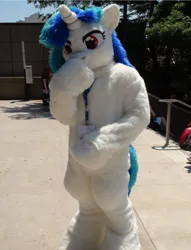 Size: 610x800 | Tagged: artist needed, safe, derpibooru import, vinyl scratch, unicorn, boop, fursuit, horn, image, irl, jpeg, outdoors, photo, ponysuit, self-boop, solo