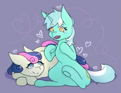 Size: 1243x959 | Tagged: safe, artist:chillykitty, derpibooru import, bon bon, lyra heartstrings, sweetie drops, earth pony, pony, unicorn, colored pupils, duo, female, g4, heart, horn, image, lesbian, lying down, lyrabon, png, prone, purple background, shipping, simple background, sitting, smiling