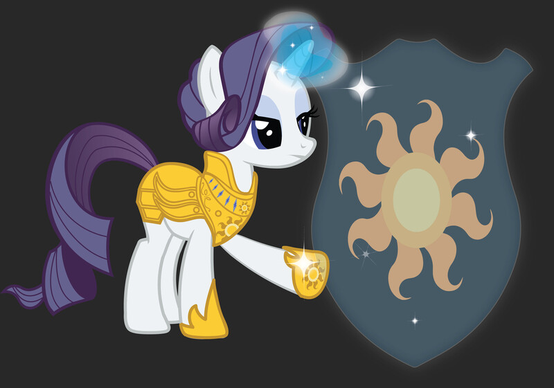 Size: 1920x1347 | Tagged: safe, artist:anka sep, derpibooru import, official, rarity, pony, unicorn, tails of equestria, armor, armored pony, base used, cleric, female, glow, glowing horn, horn, image, jpeg, magic, magic aura, mare, princess celestia's cutie mark, shield, simple background, solo