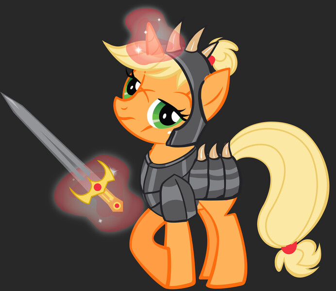 Size: 1920x1664 | Tagged: safe, artist:anka sep, derpibooru import, official, applejack, pony, unicorn, tails of equestria, armor, armored pony, barbarian, base used, eye scar, facial scar, female, glow, glowing horn, helmet, horn, image, jpeg, levitation, magic, magic aura, mare, race swap, scar, simple background, solo, sword, telekinesis, unicorn applejack, weapon