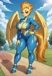 Size: 1664x2432 | Tagged: suggestive, ai content, derpibooru import, machine learning generated, stable diffusion, spitfire, anthro, pegasus, bodysuit, boots, breasts, busty spitfire, catsuit, clothes, female, g4, generator:pony diffusion v6 xl, image, latex, latex suit, png, prompter:inky heart, shoes, skintight clothes, solo, thick, uniform, wonderbolts uniform