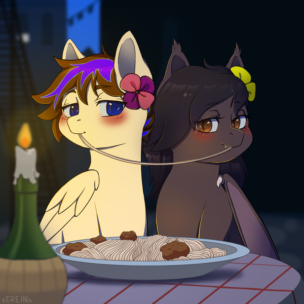 Size: 2000x2000 | Tagged: safe, artist:erein, derpibooru import, oc, oc:h1f, oc:krasuf, unofficial characters only, bat pony, pegasus, pony, bat pony oc, bat wings, blushing, candle, commission, crossover, date, duo, ears up, flower, flower in hair, food, high res, image, jpeg, lady and the tramp, night, oc x oc, outdoors, pasta, pegasus oc, plate, romantic, scene interpretation, shipping, smiling, spaghetti, table, wings, ych result