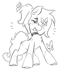 Size: 2362x2646 | Tagged: safe, artist:opalacorn, derpibooru import, oc, unofficial characters only, butterfly, earth pony, insect, pony, black and white, chest fluff, choker, eyes closed, female, freckles, grayscale, image, jpeg, laughing, mare, monochrome, open mouth, open smile, simple background, smiling, solo, white background