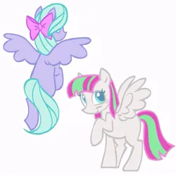 Size: 763x763 | Tagged: safe, artist:partyponypower, derpibooru import, blossomforth, flitter, pegasus, pony, bow, duo, hair bow, image, jpeg, simple background, white background