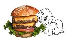 Size: 1970x1125 | Tagged: safe, artist:opalacorn, derpibooru import, oc, unofficial characters only, pony, unicorn, burger, cheeseburger, commission, eating, food, giant food, hamburger, horn, image, jpeg, meat, nose wrinkle, ponies eating meat, simple background, solo, white background