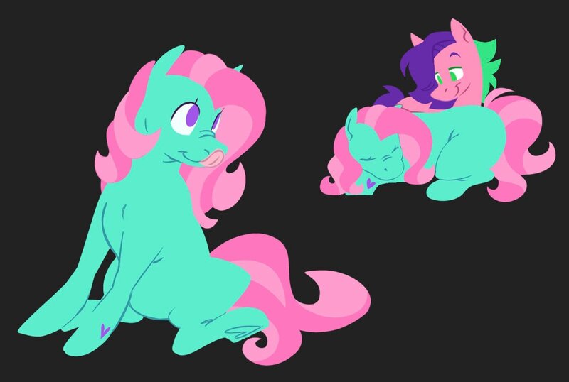 Size: 1595x1073 | Tagged: safe, artist:partyponypower, derpibooru import, minty, earth pony, pegasus, pony, g3, :p, black background, image, jpeg, simple background, tongue out, unknown pony