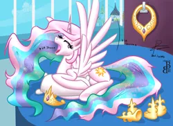 Size: 3300x2400 | Tagged: safe, artist:colour-crusader, artist:leadhooves, derpibooru import, princess celestia, alicorn, pony, bed, eyes closed, female, g4, hoof shoes, image, jpeg, le, lying down, mare, morning ponies, princess, prone, solo