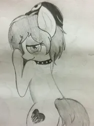 Size: 2448x3264 | Tagged: suggestive, artist:thebatup2bat, oc, oc:kumikoshy, unofficial characters only, earth pony, pony, beanie, bedroom eyes, blushing, butt, choker, cutie mark, earth pony oc, female, hat, image, jpeg, leaning, leaning on wall, looking at you, looking back, looking back at you, mare, plot, presenting, smiling at you, solo, spiked choker, tail, traditional art