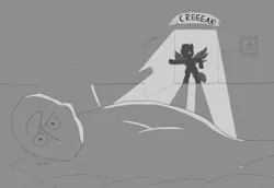 Size: 1231x846 | Tagged: safe, artist:theonlyone, derpibooru import, rainbow dash, oc, oc:anon, human, pegasus, pony, bed, bipedal, black and white, blanket, danger, dark room, framed picture, glare, grayscale, image, lazy, monochrome, no mouth, pillow, png, red eye, scared, shadow, spread wings, standing on two hooves, sweat, tail, this will end in death, uh oh, wings