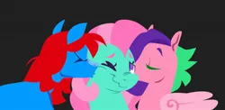 Size: 1595x780 | Tagged: safe, artist:partyponypower, derpibooru import, minty, earth pony, pegasus, pony, g3, black background, image, jpeg, kiss on the cheek, kissing, simple background, trio, unknown pony