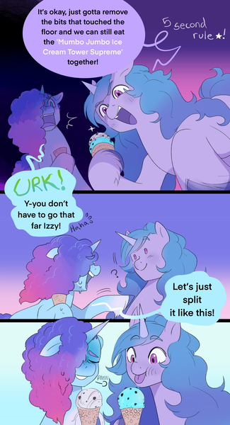 Size: 1866x3440 | Tagged: safe, artist:aztrial, derpibooru import, izzy moonbow, pony, unicorn, g5, 5-second rule, comic, cute, dialogue, duo, duo female, emanata, female, food, funny, good end, horn, ice cream, ice cream cone, image, izzybetes, mare, misty brightdawn, mistybetes, phew, png, question mark, sharing, shocked, tongue out