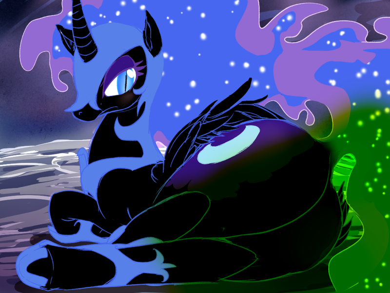 Size: 1024x768 | Tagged: dead source, suggestive, derpibooru import, nightmare moon, alicorn, pony, blushing, butt, dock, embarrassed, fart, fart cloud, fart fetish, female, fetish, frown, g4, image, looking at you, looking back, lying down, mare, moon, nightmare moonbutt, plot, png, sexy, side, solo, solo female, stupid sexy nightmare moon, tail, the ass was fat, underhoof