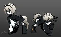 Size: 640x384 | Tagged: safe, artist:donii14, derpibooru import, ponified, android, pony, robot, 2b, 9s, blindfold, clothes, dress, image, nier: automata, png, socks