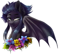 Size: 3905x3575 | Tagged: safe, artist:wallvie, derpibooru import, oc, oc:kama, bat pony, pony, bust, female, flower, image, mare, png, portrait, simple background, solo, transparent background