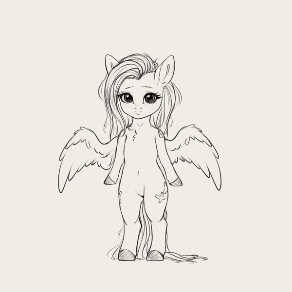 Size: 4000x4000 | Tagged: safe, artist:miokomata, derpibooru import, fluttershy, pegasus, semi-anthro, :<, bipedal, chest fluff, freckles, freckleshy, g4, grayscale, image, jpeg, lineart, looking at you, monochrome, partially open wings, pouty lips, simple background, solo, white background, wings